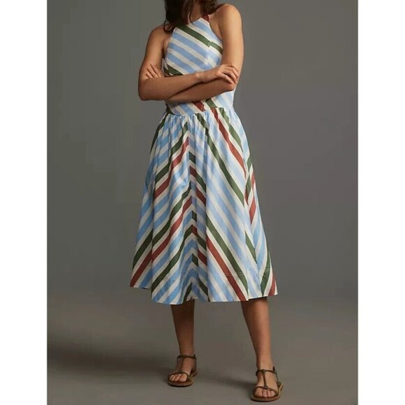 Maeve Halter Striped Cotton Midi Sundress S - Picture 1 of 3